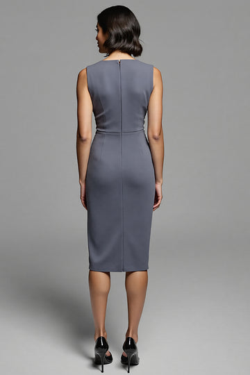 Grey Ruched Midi Dress with Slit